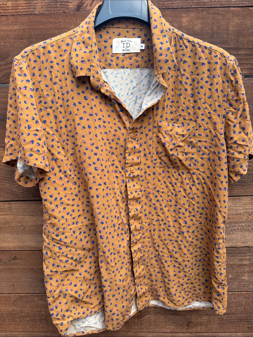 ID Project Short-Sleeve Button-Down Shirt in Mustard with Blue Spot Print